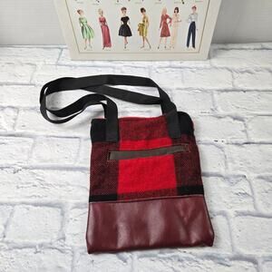 Handmade Buffalo Plaid Shoulder Bag Red Black Wool Feel Faux Leather Fall Winter